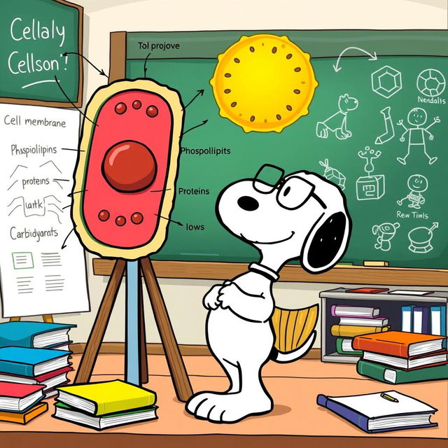 A whimsical scene featuring Snoopy, the beloved beagle from Peanuts, enthusiastically engaging in a biology lesson