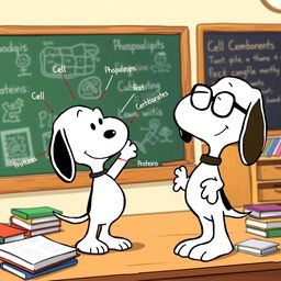 A whimsical scene featuring Snoopy, the beloved beagle from Peanuts, enthusiastically engaging in a biology lesson