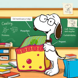 A whimsical scene featuring Snoopy, the beloved beagle from Peanuts, enthusiastically engaging in a biology lesson