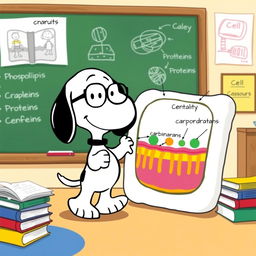 A whimsical scene featuring Snoopy, the beloved beagle from Peanuts, enthusiastically engaging in a biology lesson