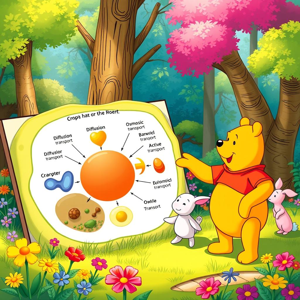 Winnie the Pooh enthusiastically explaining different types of cellular transport to his friends in a colorful, vibrant forest