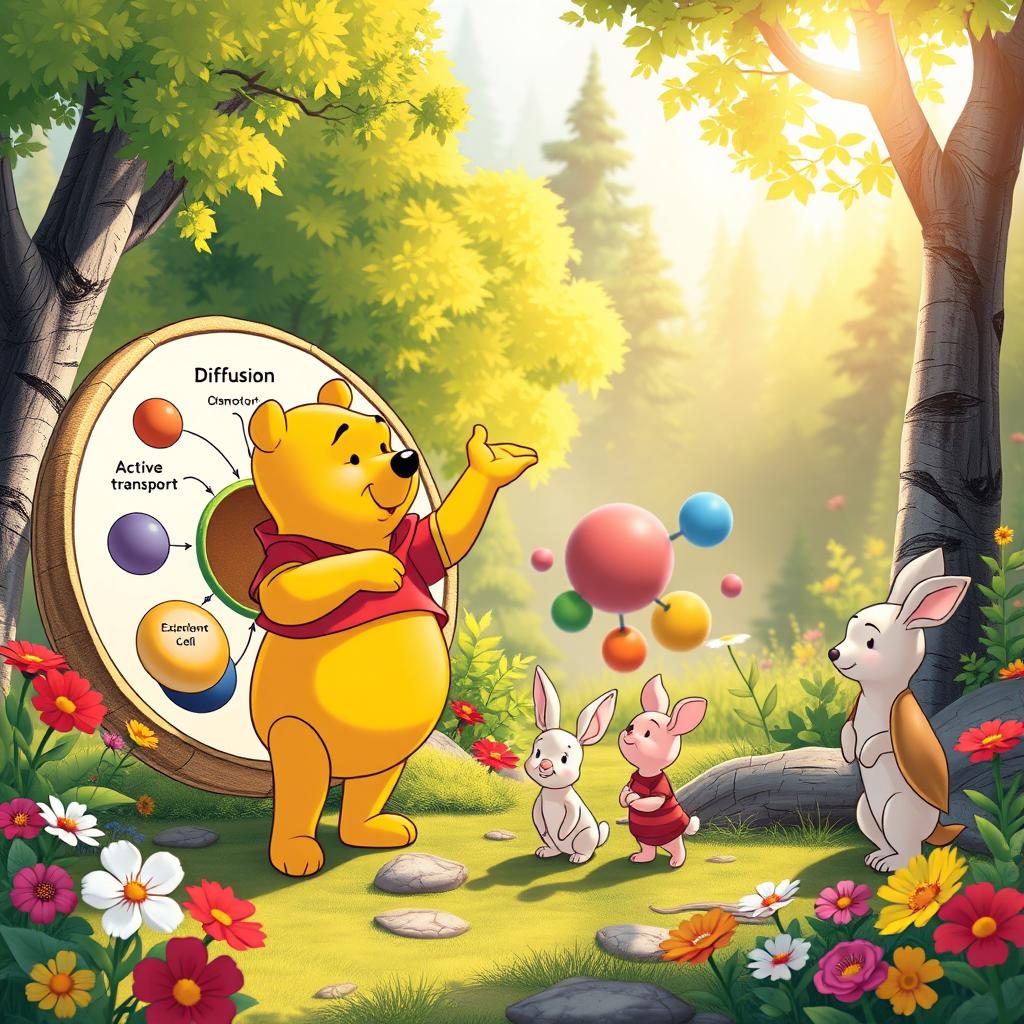 Winnie the Pooh enthusiastically explaining different types of cellular transport to his friends in a colorful, vibrant forest