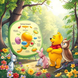 Winnie the Pooh enthusiastically explaining different types of cellular transport to his friends in a colorful, vibrant forest