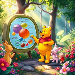 Winnie the Pooh enthusiastically explaining different types of cellular transport to his friends in a colorful, vibrant forest