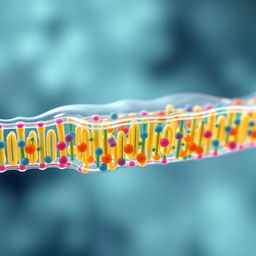 A scientifically accurate and visually stunning depiction of a cell membrane, featuring the phospholipid bilayer with proteins embedded within