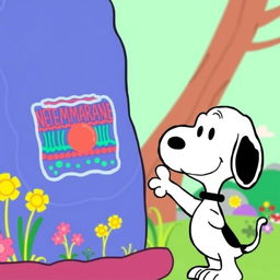 A cartoon-style illustration of Snoopy, the beloved beagle from the Peanuts comic strip, enthusiastically pointing at a detailed representation of an animal cell's cellular membrane