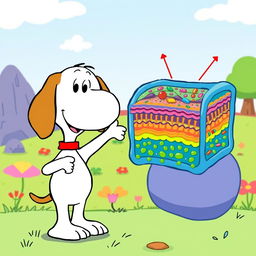 A cartoon-style illustration of Snoopy, the beloved beagle from the Peanuts comic strip, enthusiastically pointing at a detailed representation of an animal cell's cellular membrane