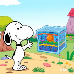 A cartoon-style illustration of Snoopy, the beloved beagle from the Peanuts comic strip, enthusiastically pointing at a detailed representation of an animal cell's cellular membrane