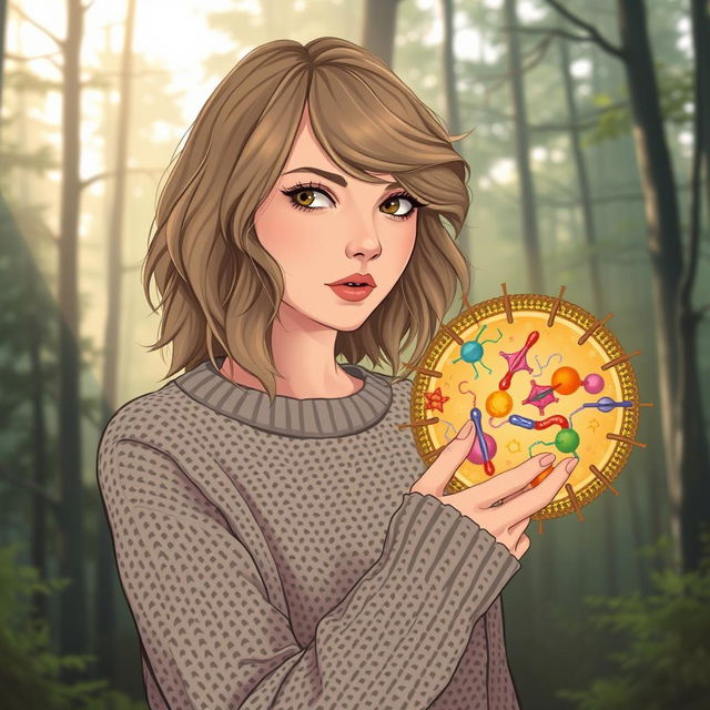 A captivating illustration of Taylor Swift from her 'Folklore' era, thoughtfully pointing at proteins embedded within a detailed cell membrane