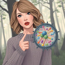 A captivating illustration of Taylor Swift from her 'Folklore' era, thoughtfully pointing at proteins embedded within a detailed cell membrane