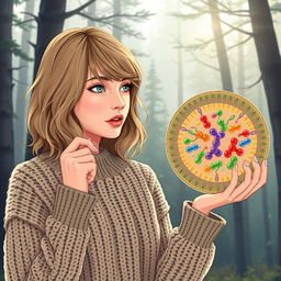 A captivating illustration of Taylor Swift from her 'Folklore' era, thoughtfully pointing at proteins embedded within a detailed cell membrane