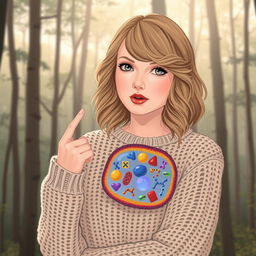 A captivating illustration of Taylor Swift from her 'Folklore' era, thoughtfully pointing at proteins embedded within a detailed cell membrane