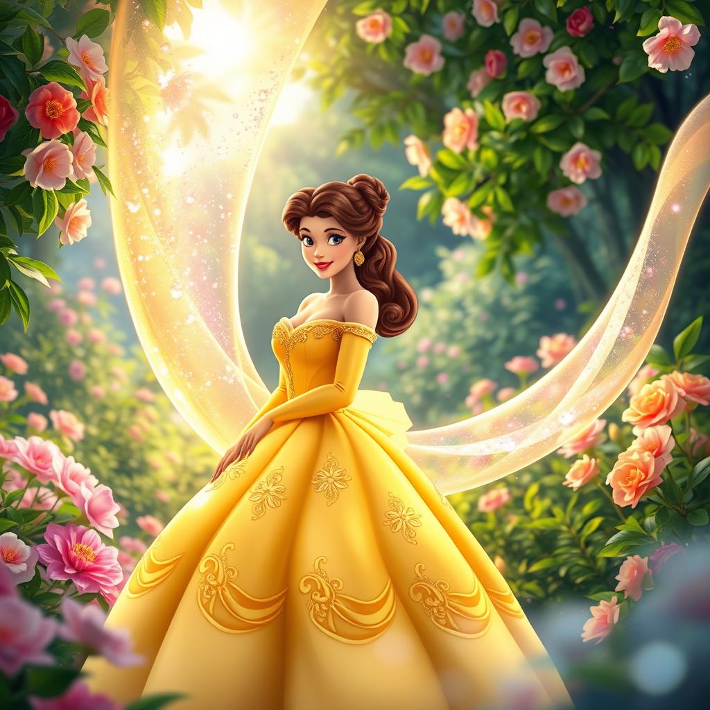 A vibrant scene featuring Princess Belle standing gracefully beside a shimmering membrane