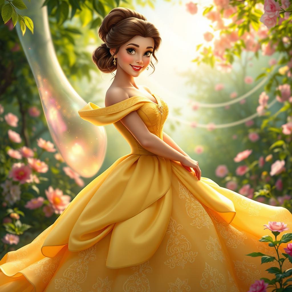 A vibrant scene featuring Princess Belle standing gracefully beside a shimmering membrane