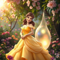 A vibrant scene featuring Princess Belle standing gracefully beside a shimmering membrane