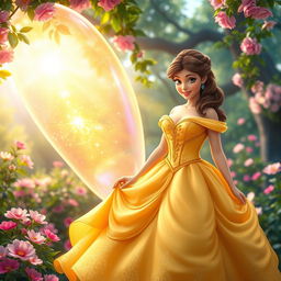 A vibrant scene featuring Princess Belle standing gracefully beside a shimmering membrane