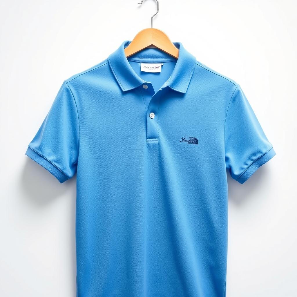 A stylish blue polo t-shirt displayed on a simple white background, showcasing a classic collar and a well-fitted design