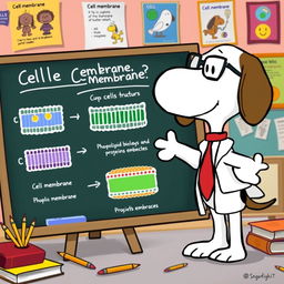 Snoopy the beagle, wearing a cute lab coat and glasses, enthusiastically teaching about a cell membrane