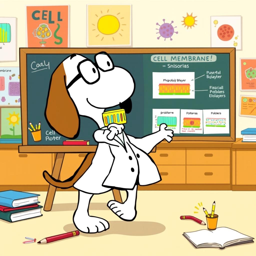 Snoopy the beagle, wearing a cute lab coat and glasses, enthusiastically teaching about a cell membrane