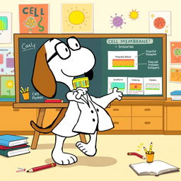 Snoopy the beagle, wearing a cute lab coat and glasses, enthusiastically teaching about a cell membrane