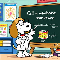 Snoopy the beagle, wearing a cute lab coat and glasses, enthusiastically teaching about a cell membrane