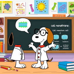 Snoopy the beagle, wearing a cute lab coat and glasses, enthusiastically teaching about a cell membrane