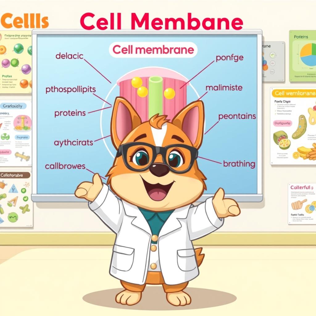 Pochacco, the adorable dog character, is standing in front of a large diagram of a cell membrane