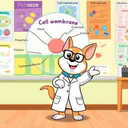 Pochacco, the adorable dog character, is standing in front of a large diagram of a cell membrane