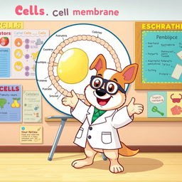 Pochacco, the adorable dog character, is standing in front of a large diagram of a cell membrane