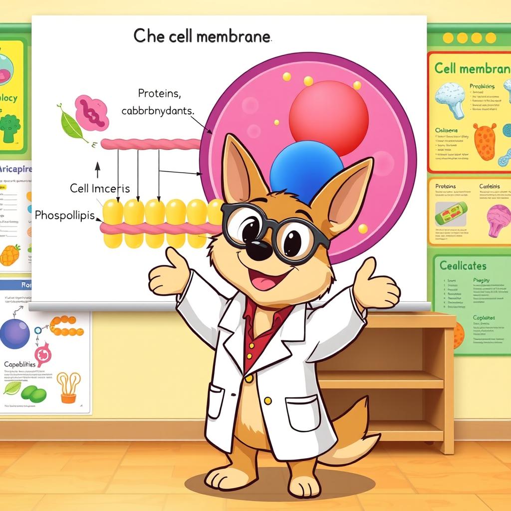 Pochacco, the adorable dog character, is standing in front of a large diagram of a cell membrane