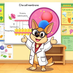 Pochacco, the adorable dog character, is standing in front of a large diagram of a cell membrane