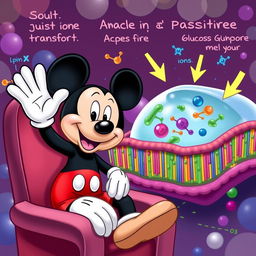 A whimsical scene featuring Mickey Mouse cheerfully waving from a comfortable seat