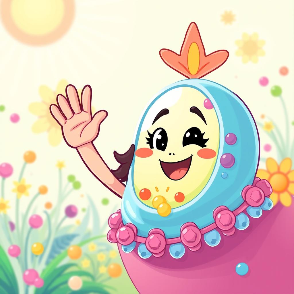 A vibrant and playful cartoon-style illustration of a cute, cheerful character resembling Rosita Fresita, a popular children's character, waving hello to a friendly-looking cell membrane