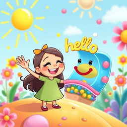 A vibrant and playful cartoon-style illustration of a cute, cheerful character resembling Rosita Fresita, a popular children's character, waving hello to a friendly-looking cell membrane