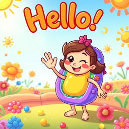 A vibrant and playful cartoon-style illustration of a cute, cheerful character resembling Rosita Fresita, a popular children's character, waving hello to a friendly-looking cell membrane