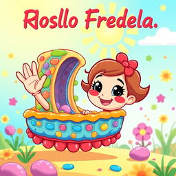 A vibrant and playful cartoon-style illustration of a cute, cheerful character resembling Rosita Fresita, a popular children's character, waving hello to a friendly-looking cell membrane