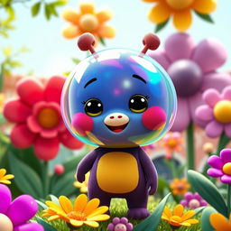 A colorful and playful depiction of Pablo from the Backyardigans, portrayed as a cute cartoon character with a vibrant, plasmatic membrane surrounding him