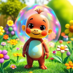 A colorful and playful depiction of Pablo from the Backyardigans, portrayed as a cute cartoon character with a vibrant, plasmatic membrane surrounding him