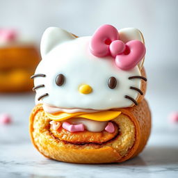 A whimsical Hello Kitty-themed cinnamon roll, designed with the face of Hello Kitty and her signature pink bow creatively integrated into the icing on top