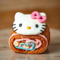 A whimsical Hello Kitty-themed cinnamon roll, designed with the face of Hello Kitty and her signature pink bow creatively integrated into the icing on top