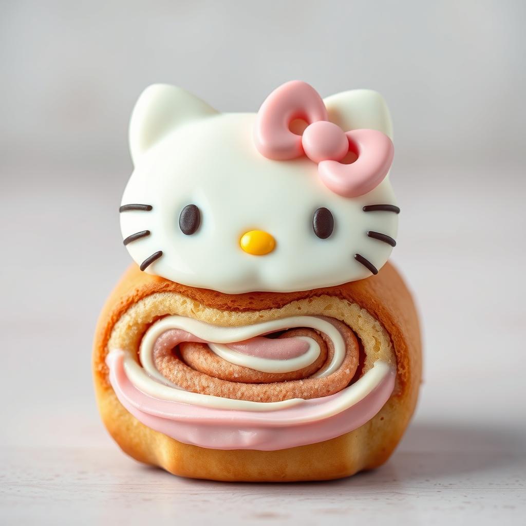 A whimsical Hello Kitty-themed cinnamon roll, designed with the face of Hello Kitty and her signature pink bow creatively integrated into the icing on top