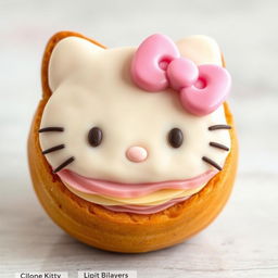 A whimsical Hello Kitty-themed cinnamon roll, designed with the face of Hello Kitty and her signature pink bow creatively integrated into the icing on top