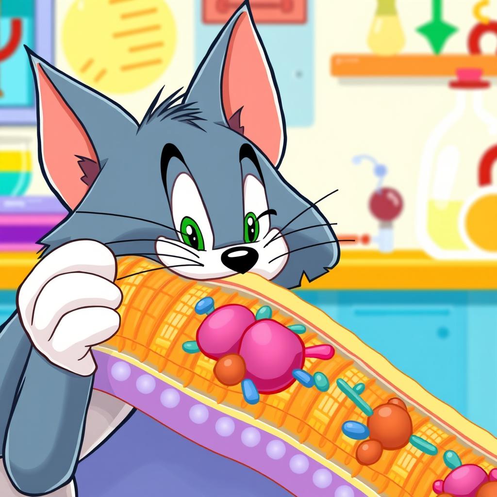 A cartoon-style image of Tom, the famous cat from 'Tom and Jerry', interacting with a detailed illustration of a cell membrane