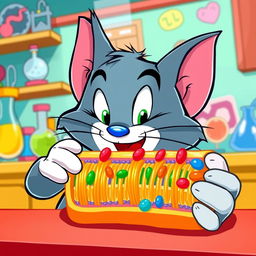 A cartoon-style image of Tom, the famous cat from 'Tom and Jerry', interacting with a detailed illustration of a cell membrane