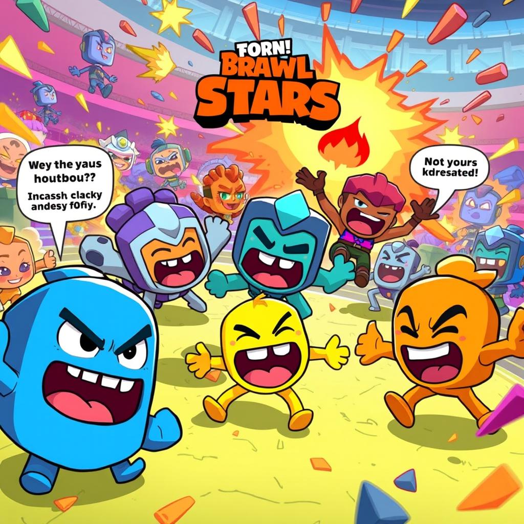 A vibrant, action-packed illustration capturing humorous moments from Brawl Stars gameplay