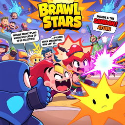 A vibrant, action-packed illustration capturing humorous moments from Brawl Stars gameplay