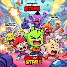 A vibrant, action-packed illustration capturing humorous moments from Brawl Stars gameplay