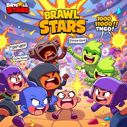 A vibrant, action-packed illustration capturing humorous moments from Brawl Stars gameplay