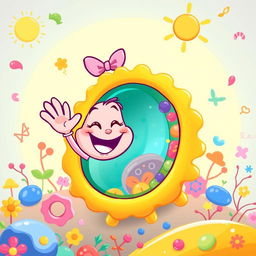 A vibrant cartoon-style image featuring Rosita Fresita, a beloved children’s character with a big smile, waving cheerfully at a stylized cell membrane