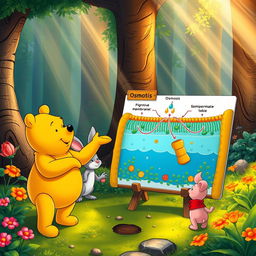 Winnie the Pooh engagingly explaining the concept of osmosis to his friends, Rabbit and Piglet, in a colorful forest setting